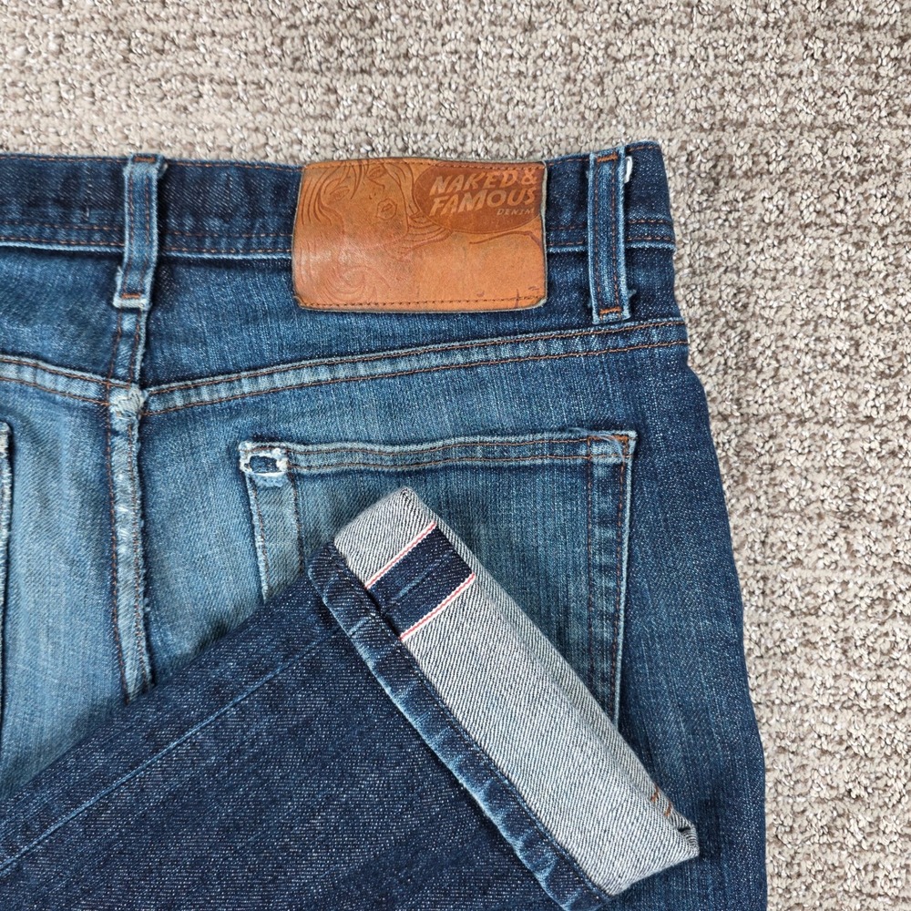 Naked & Famous Mens Weird Guy Stretch Selvedge Denim Jeans Blue 32x30 Distressed